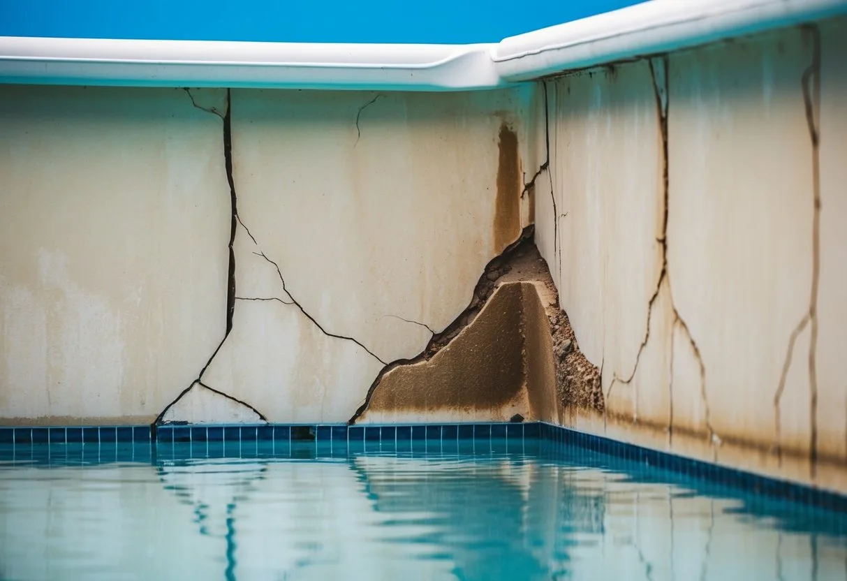 Cracked pool deck and soggy ground from an underground pool plumbing leak