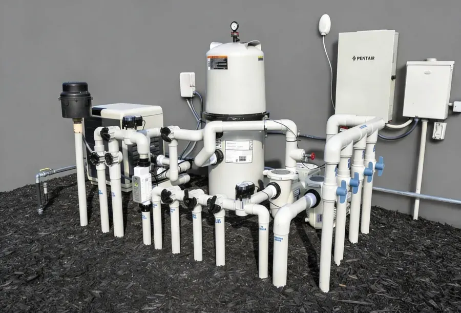 Pool equipment pad plumbing — pump, filter and heater lines with shut-off valves